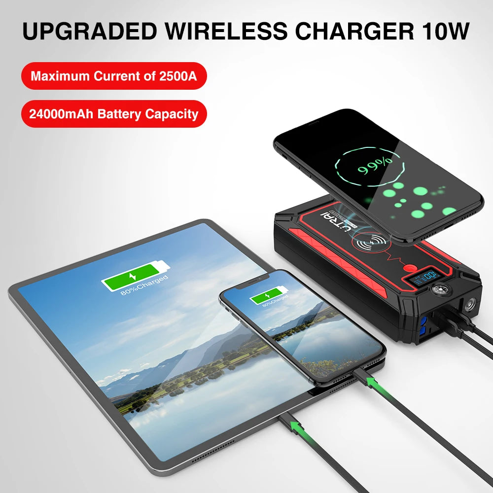 Car Jump Starter  2500A Power Bank Car Battery with 10W Wireless Charger LCD Screen Safety Hammer Jump starter