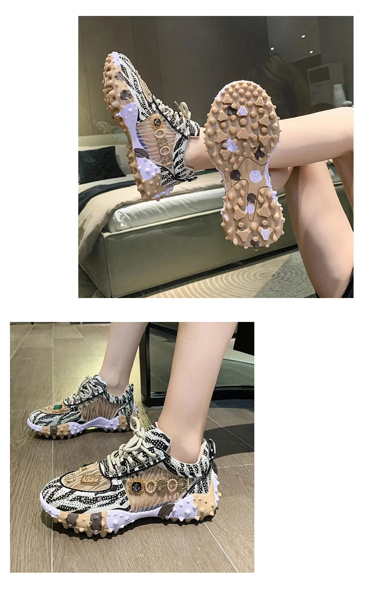 2025 Spring New European Style Mesh Printed Sports Shoes for Women Fashionable Sneakers Design for Girls Foreign Trade