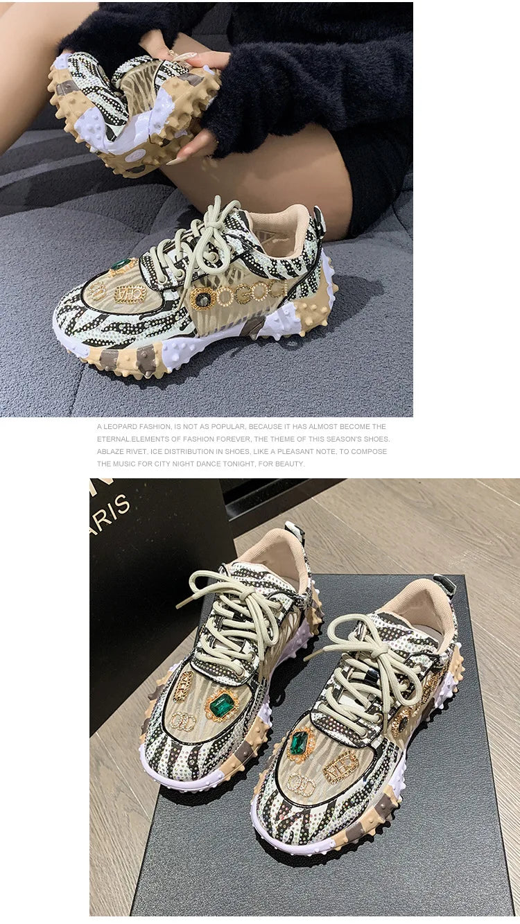 2025 Spring New European Style Mesh Printed Sports Shoes for Women Fashionable Sneakers Design for Girls Foreign Trade