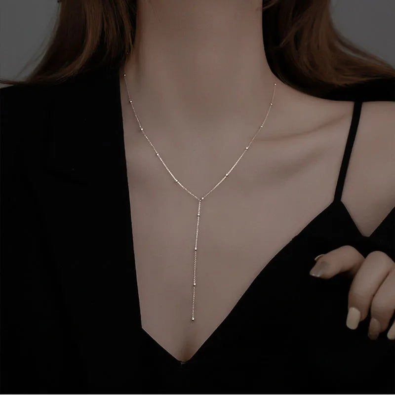 ANENJERY Silver Color Beads Chain Necklace for Women Simple Long Tassel Clavicle Chain Party Jewelry