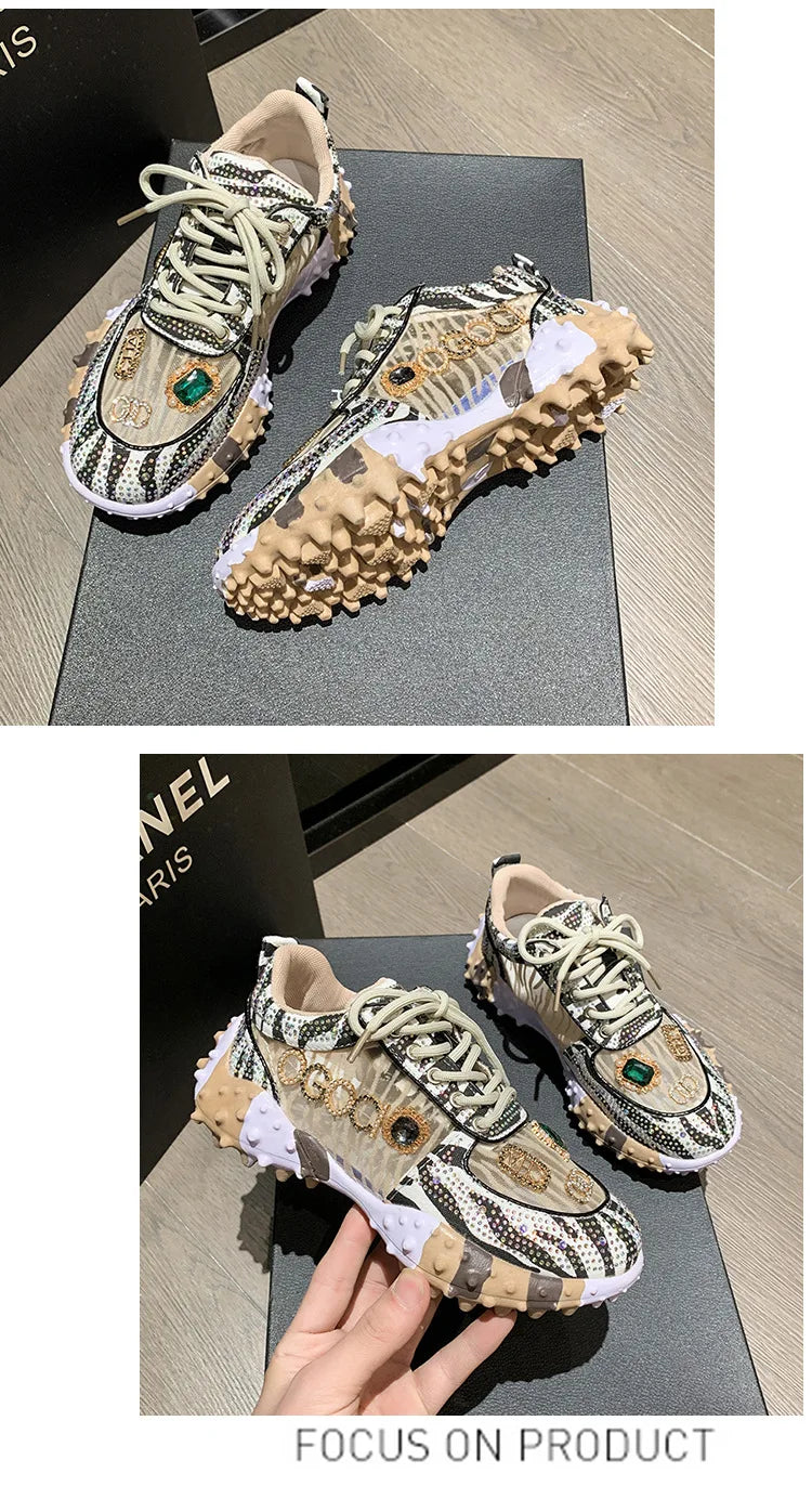 2025 Spring New European Style Mesh Printed Sports Shoes for Women Fashionable Sneakers Design for Girls Foreign Trade