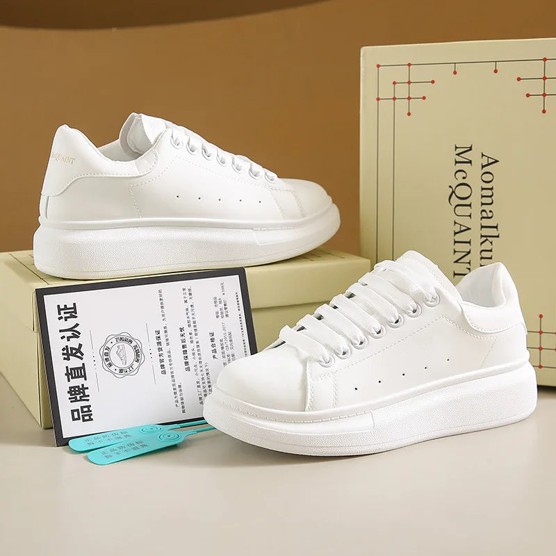 2025 New Spring Autumn Winter All-match Lace-up Sports Casual Sneakers Men Women White Canvas Height Increasing Thick Sole