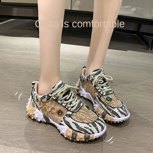 2025 Spring New European Style Mesh Printed Sports Shoes for Women Fashionable Sneakers Design for Girls Foreign Trade