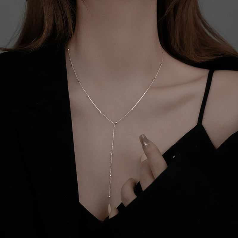 ANENJERY Silver Color Beads Chain Necklace for Women Simple Long Tassel Clavicle Chain Party Jewelry