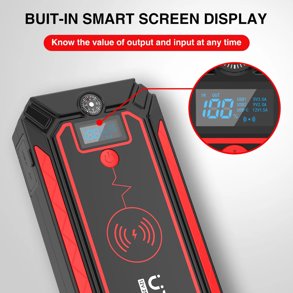 Car Jump Starter  2500A Power Bank Car Battery with 10W Wireless Charger LCD Screen Safety Hammer Jump starter