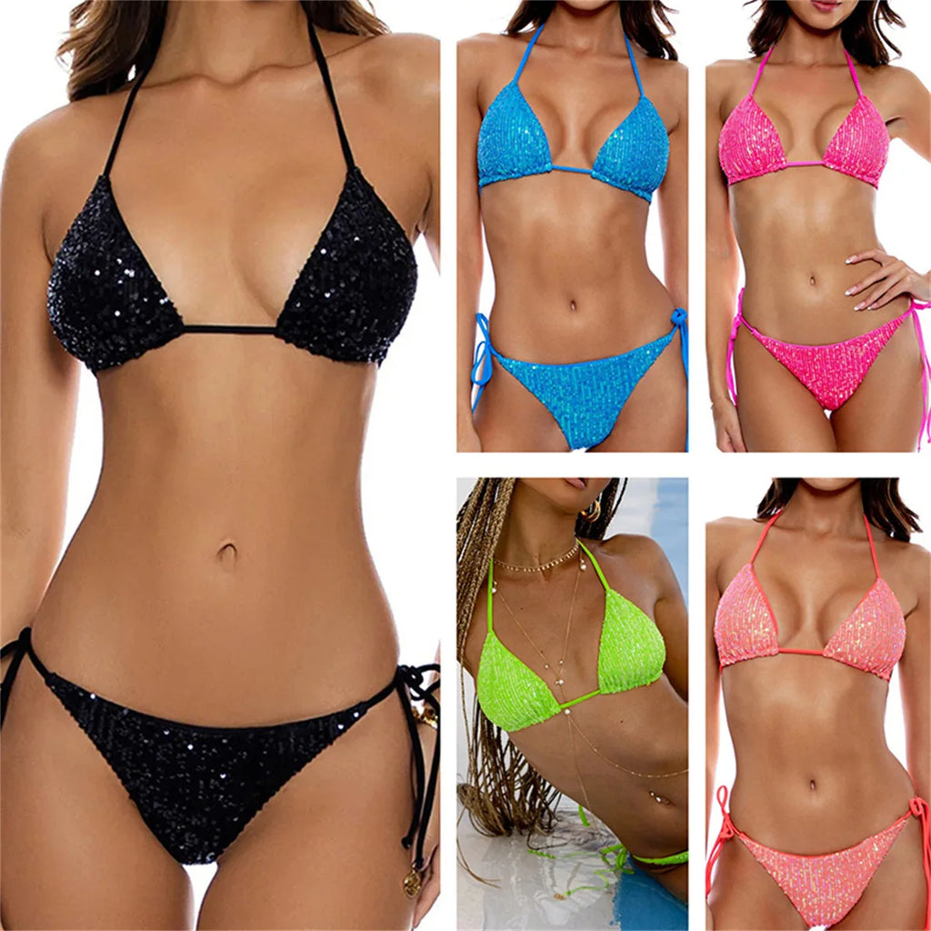 Long String Swimsuit Sexy Pink Brazilian Bikini Set Sequin Bandage Swimwear