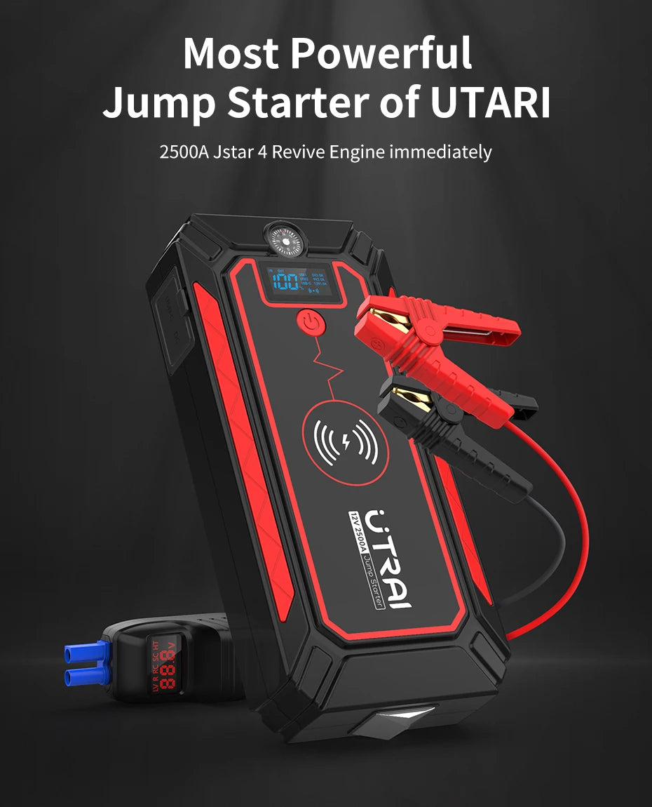 Car Jump Starter  2500A Power Bank Car Battery with 10W Wireless Charger LCD Screen Safety Hammer Jump starter