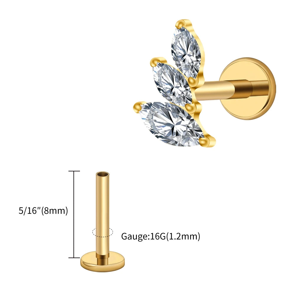 Right Grand ASTM F136 Titanium 16G Cluster Marquise CZ Tragus Helix Stud Conch Lobe Rook Cartilage Leaf Climber Flat Back Labret