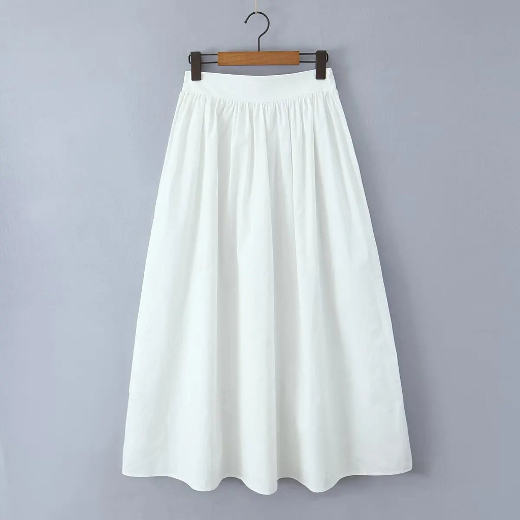 YENKYE 2025 Women Yellow White Cotton Big Swing Long Skirt Vintage High Waist Side Zipper A-line Summer Skirts Holiday