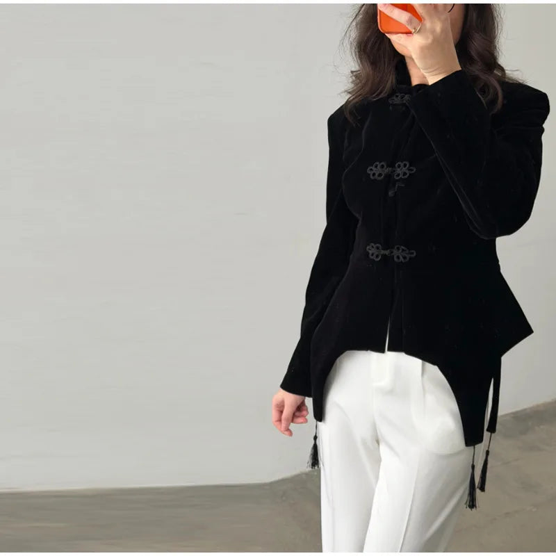 Black Velvet Tassel Jacket Knot Button Asymmetric Hem Long Sleeve Slim Fit Elegant Daily Commute Streetwear Fashion Outerwear