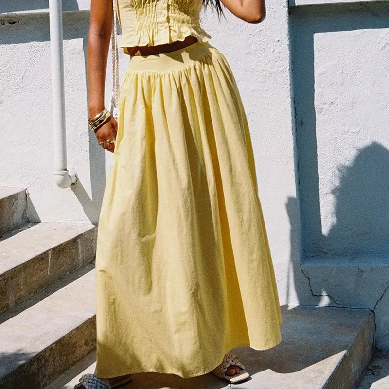 YENKYE 2025 Women Yellow White Cotton Big Swing Long Skirt Vintage High Waist Side Zipper A-line Summer Skirts Holiday