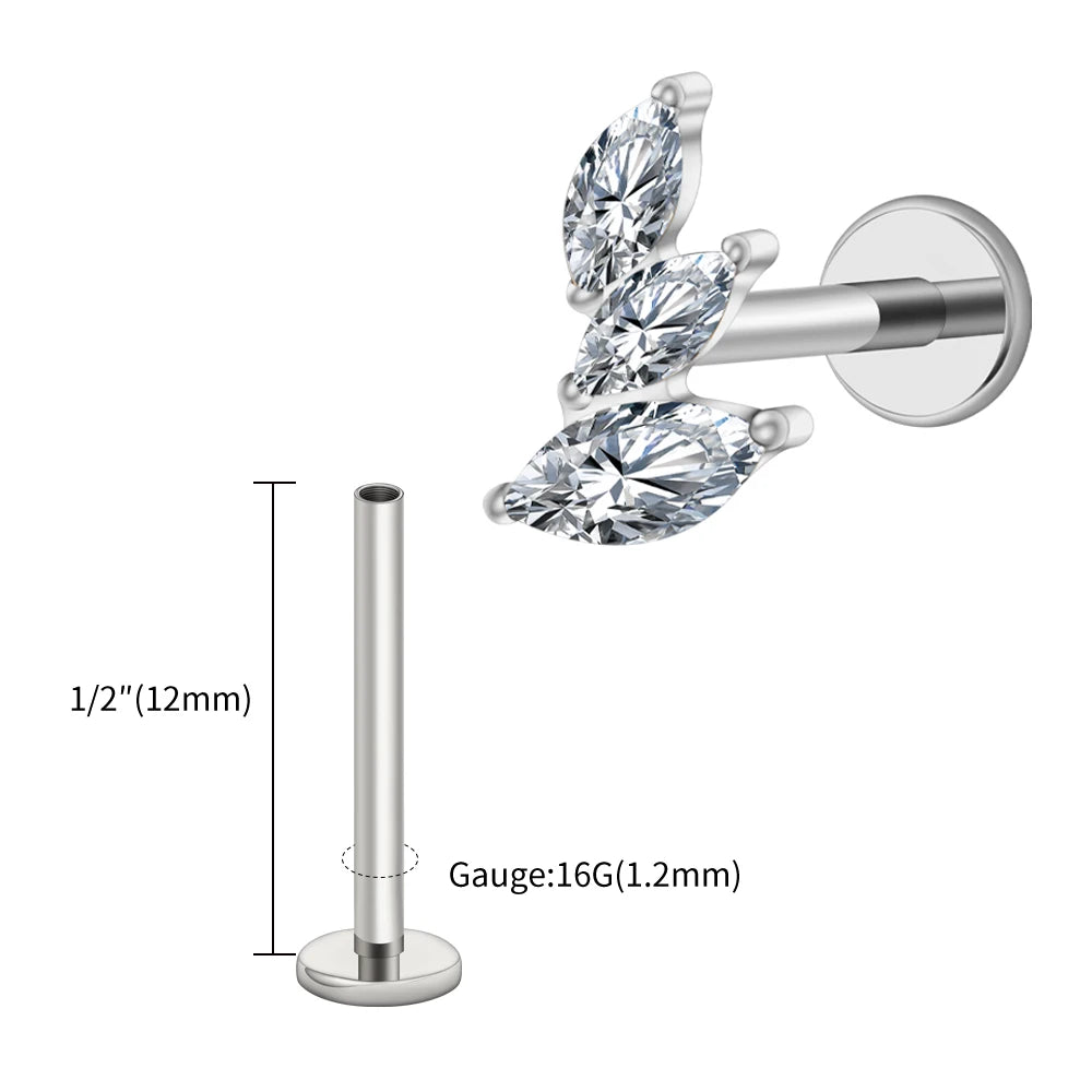 Right Grand ASTM F136 Titanium 16G Cluster Marquise CZ Tragus Helix Stud Conch Lobe Rook Cartilage Leaf Climber Flat Back Labret