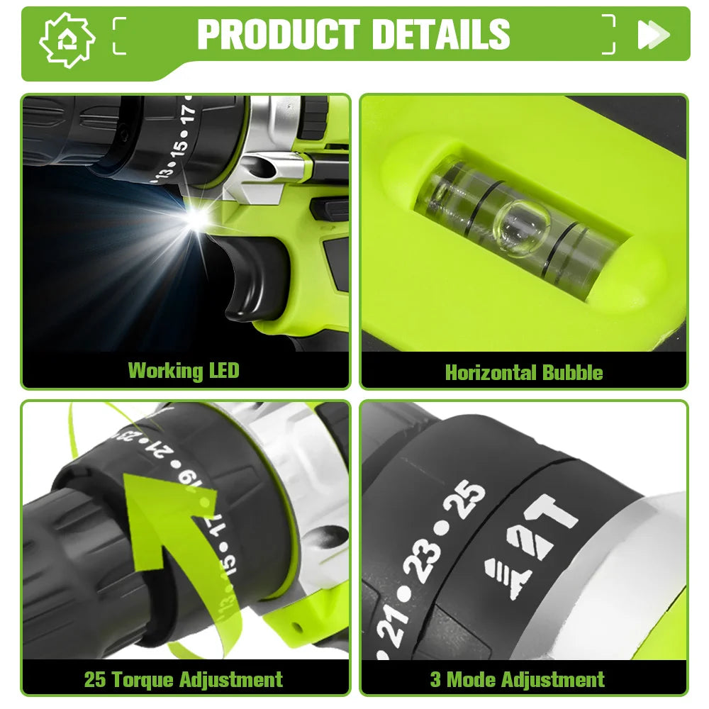 ONEGREEN 25+3 Torque Electric Impact Drill 3 Mode Adjustable Cordless Electric Screwdriver Power Tool For Makita 21V Battery Pin