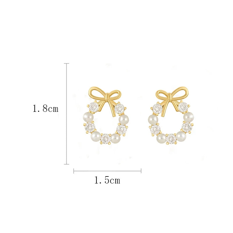 Hollow Out Round Rhinestones Bow Stud Earrings for Women Temperament Fashion Imitation Pearl Ear Studs Party Wedding Jewely K1