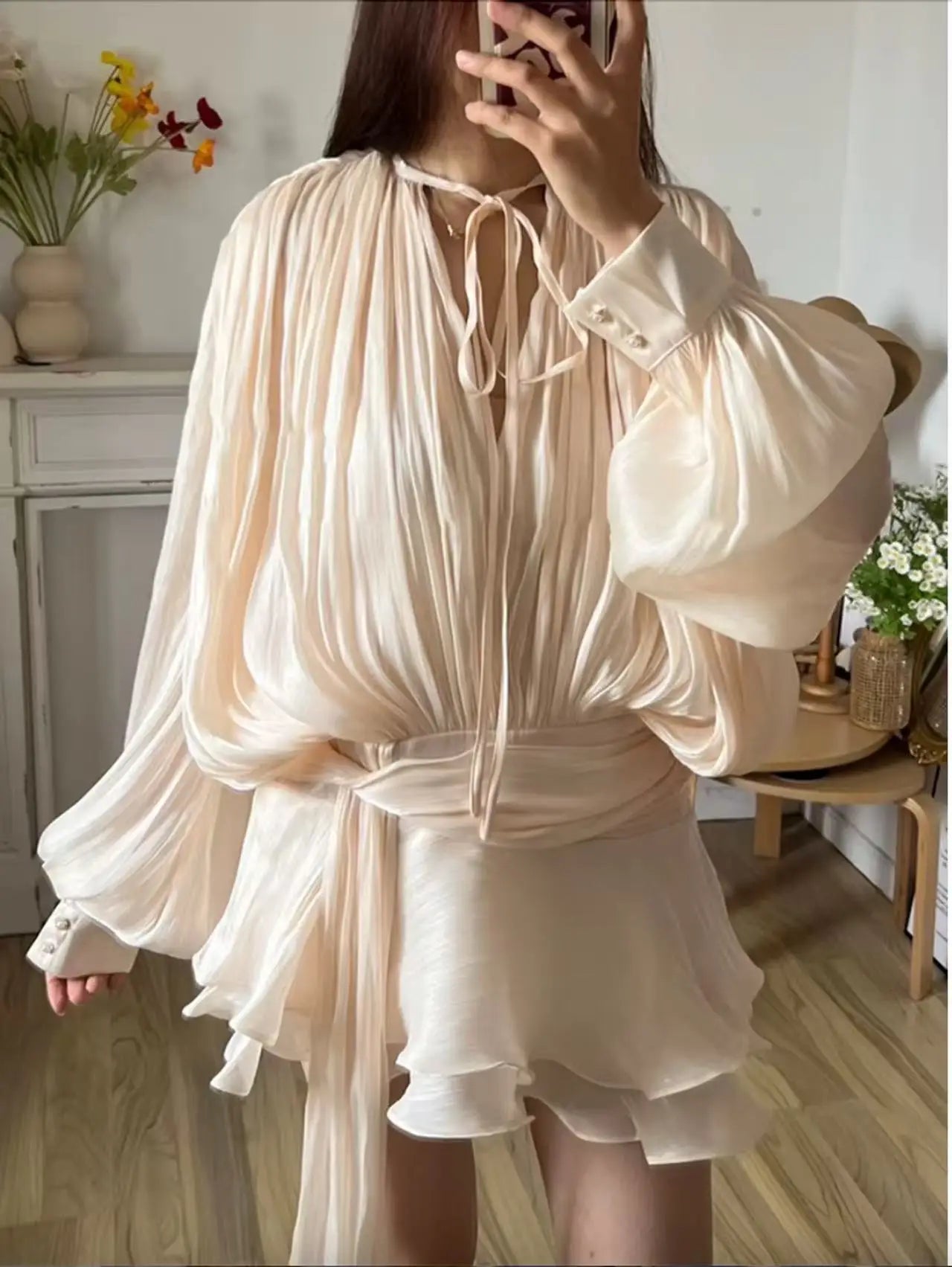 Dresses Skirts Shorts Two-piece Sets Spring/Autumn Women's Puff Sleeves Ruffles Pleats New Comfortable Casual Niche Fashionable