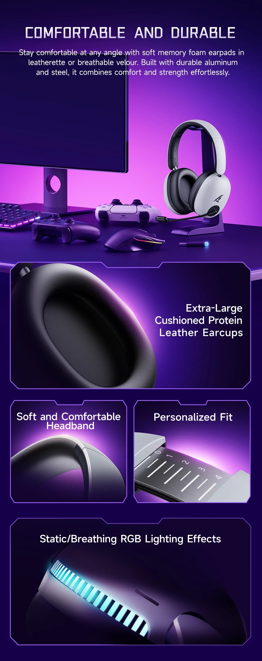 Picun UG-10A Gaming Wireless Headphone with Mic Over-Ear Headset 56dB Bluetooth 6.0 40mm Driver 2.4G/Wireless/Cable Earphones