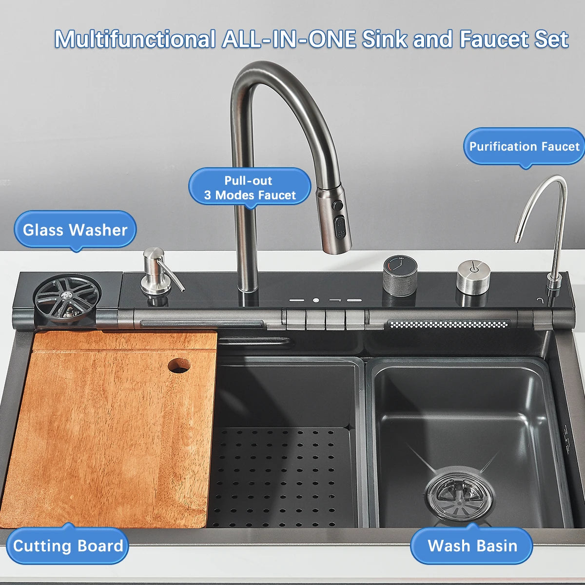 Shinesia Stainless Steel Kitchen Waterfall Sink Digital Display Large Single Sink Dish Basin Sink With Multifunction