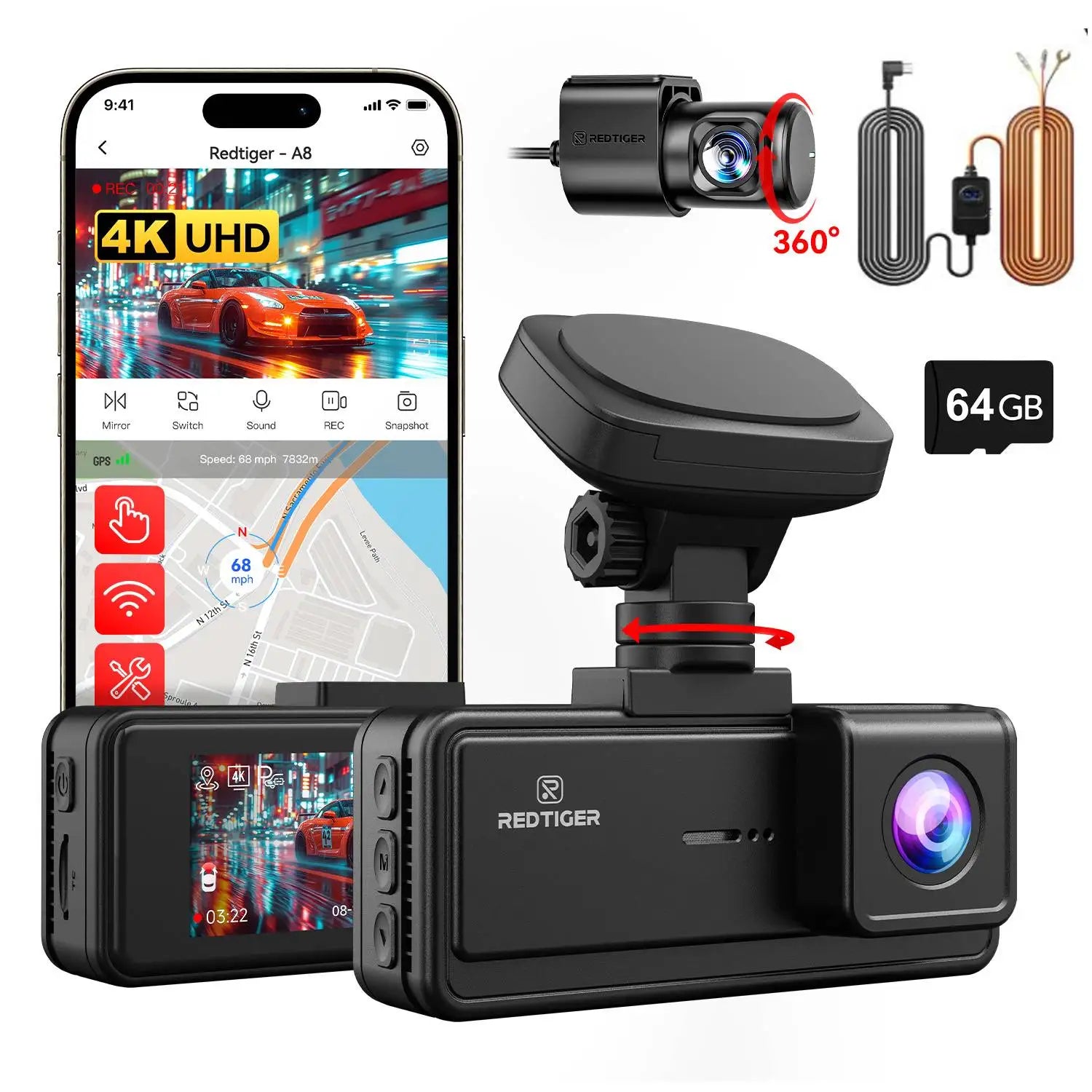 REDTIGER A8 4K+1080P ADAS Dash Cam 3.18" IPS Touch Screen Front And Rear Car Camera Built-in WiFi And GPS Car DVR Night Vision