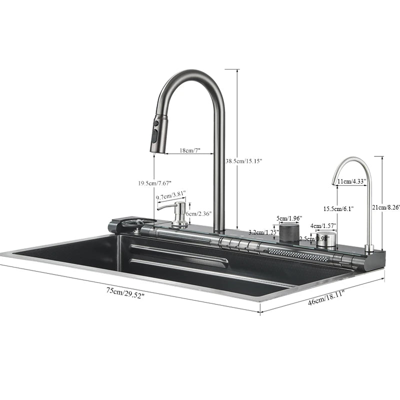 Shinesia Stainless Steel Kitchen Waterfall Sink Digital Display Large Single Sink Dish Basin Sink With Multifunction