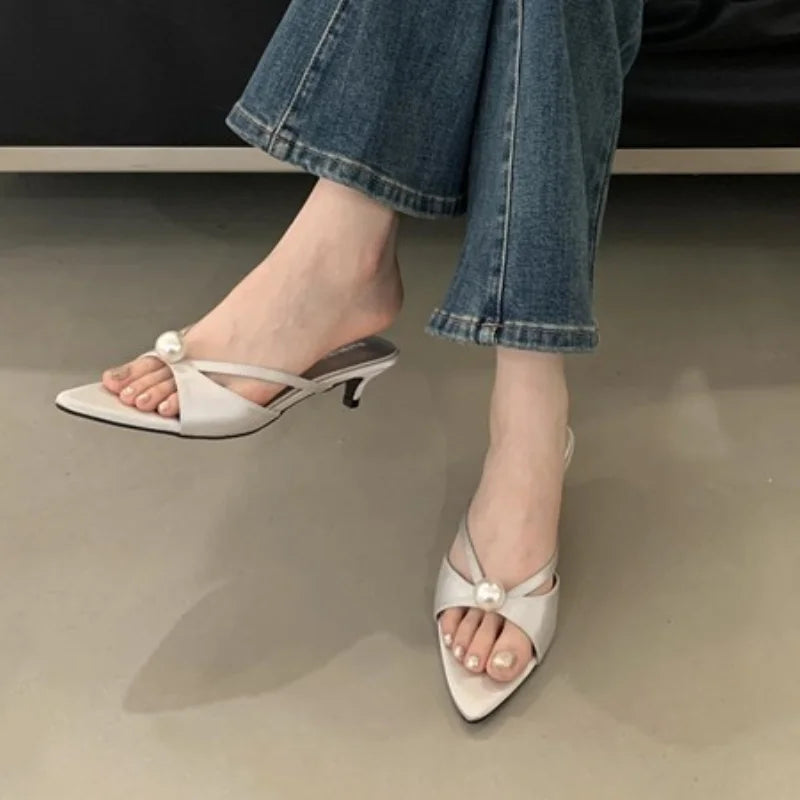 Female Slip on Footwear Silk Fashion String Bead Elegant Women Low Heel Shoes Pointed Toe Ladies Heeled Pumps Slides Shoes