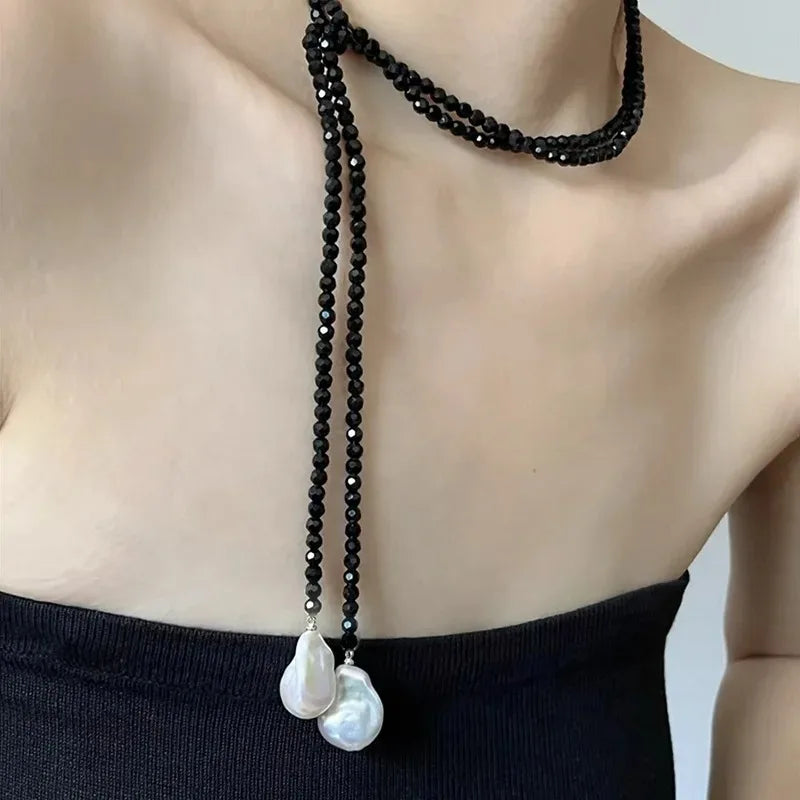 Retro Alien Irregular Baroque Pearl Pendant Necklace for Women Vintage Green Black Crystal Bead Long Necklace Neck Chain Jewelry