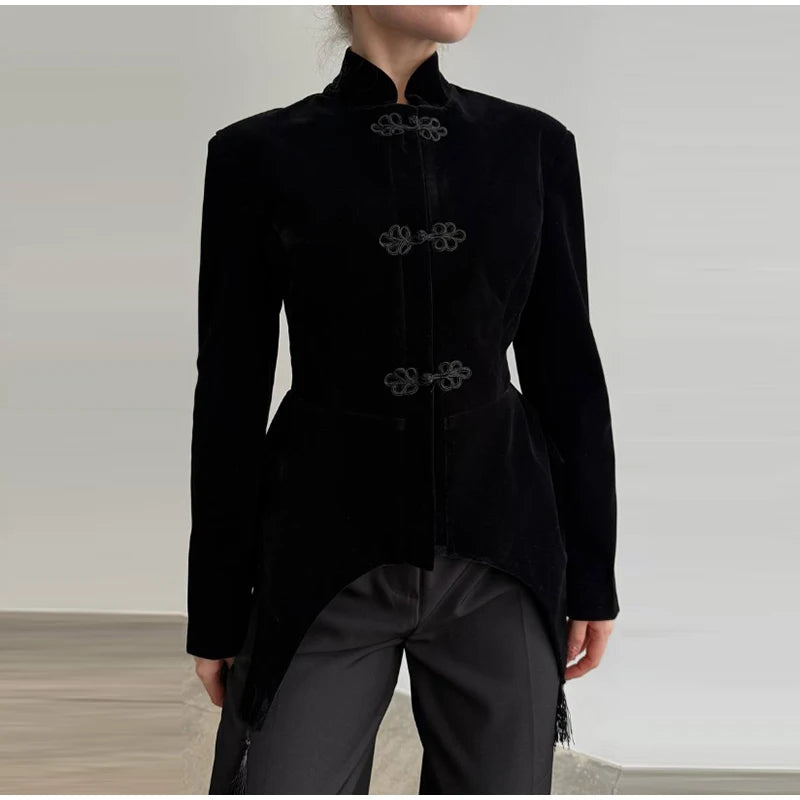 Black Velvet Tassel Jacket Knot Button Asymmetric Hem Long Sleeve Slim Fit Elegant Daily Commute Streetwear Fashion Outerwear