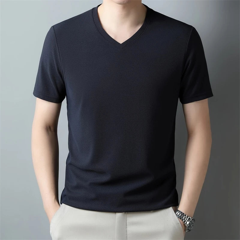 2024 Men's Waffle V Neck Short Sleeve T-Shirt Summer Comfortable Breathable Fashion Top in Solid Colors