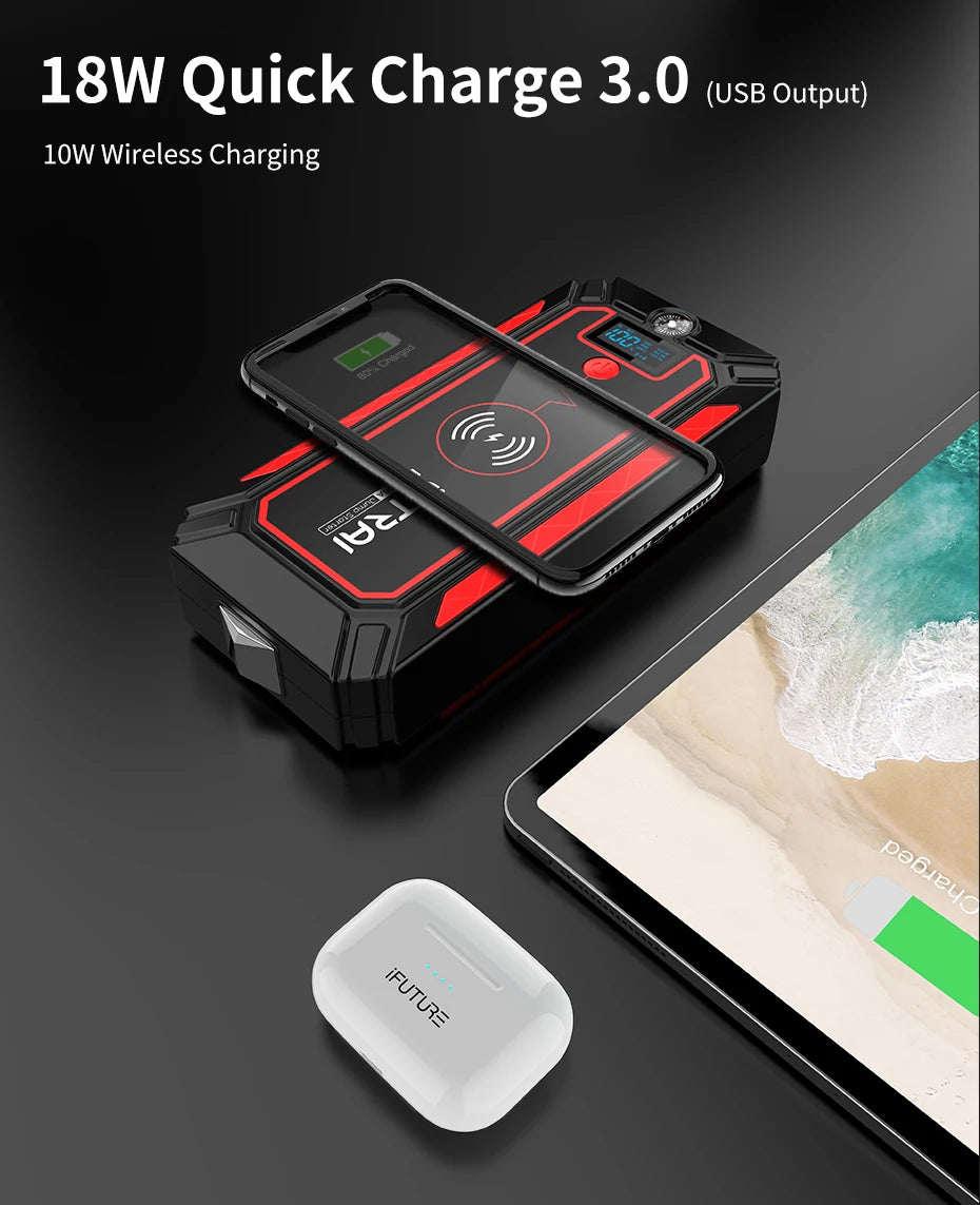 Car Jump Starter  2500A Power Bank Car Battery with 10W Wireless Charger LCD Screen Safety Hammer Jump starter