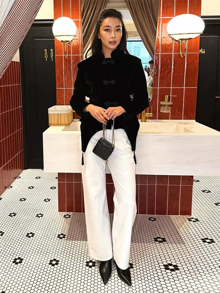 Black Velvet Tassel Jacket Knot Button Asymmetric Hem Long Sleeve Slim Fit Elegant Daily Commute Streetwear Fashion Outerwear