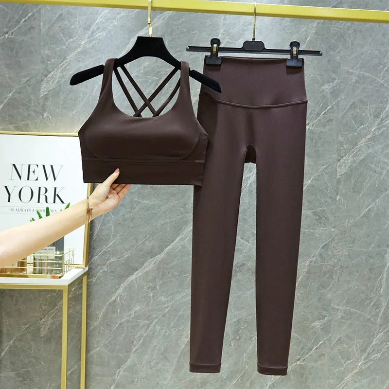TRY TO BN Tummy Control Gym Set 2 Piece High Waisted Leggings Cross Bra Squat Proof Fitness Breathable Yoga Outfits Workout Set
