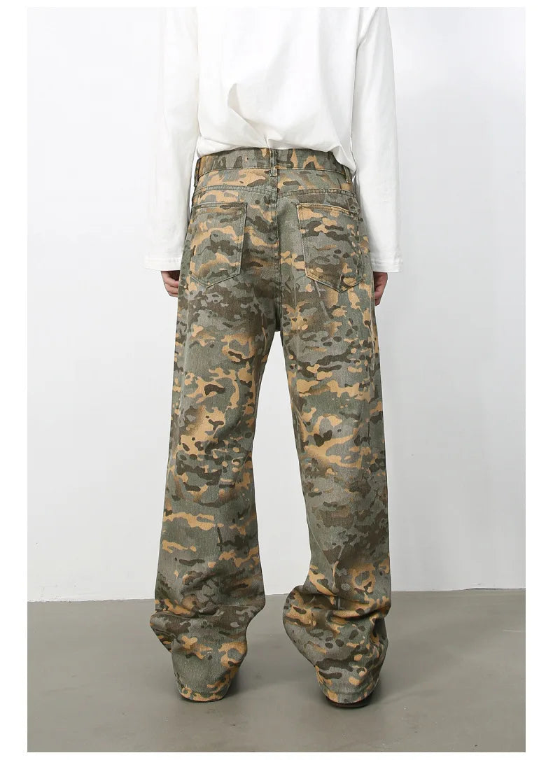 PFNW American 2025 New Tide Camouflage Jeans Men's Ins Loose Straight Wide Leg Casual Denim Pants Loose Male Trousers 12C2036