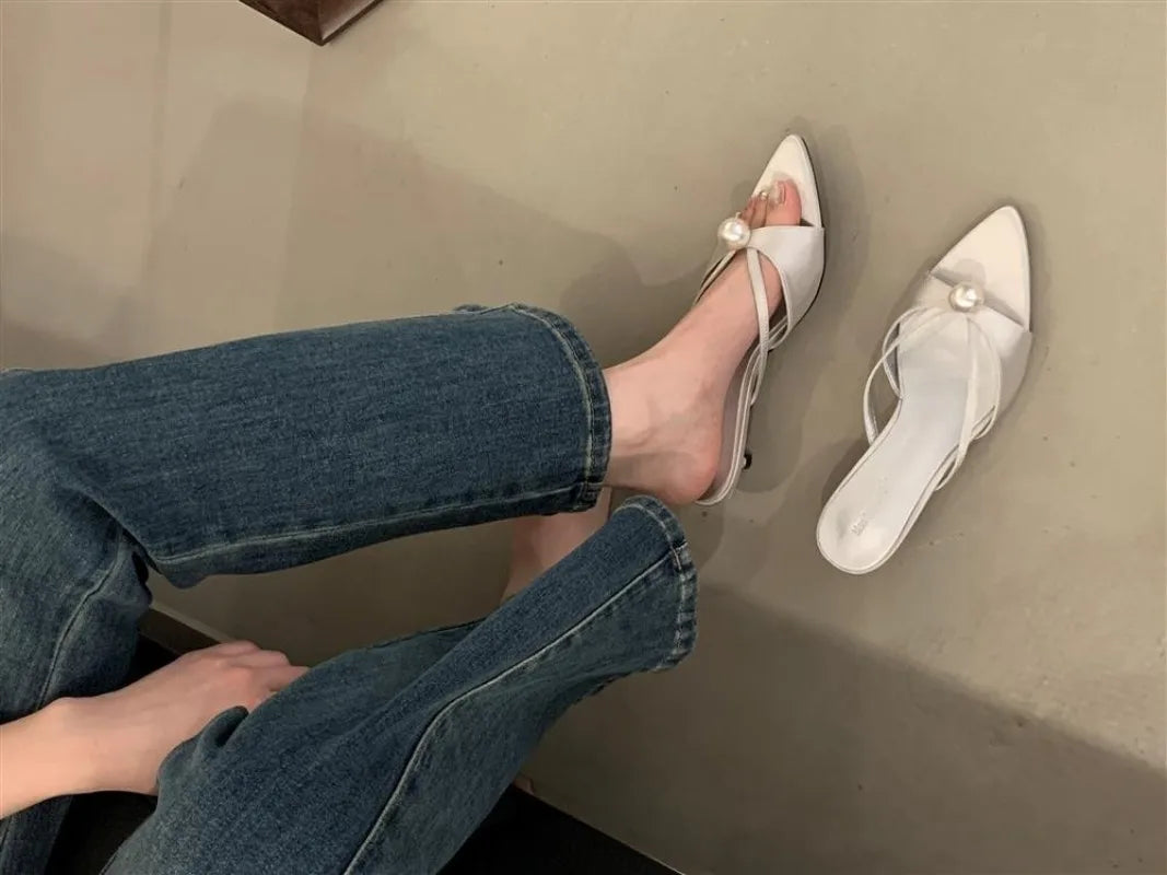 Female Slip on Footwear Silk Fashion String Bead Elegant Women Low Heel Shoes Pointed Toe Ladies Heeled Pumps Slides Shoes