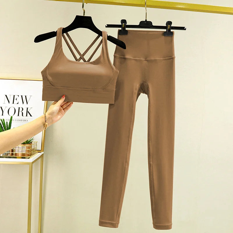 TRY TO BN Tummy Control Gym Set 2 Piece High Waisted Leggings Cross Bra Squat Proof Fitness Breathable Yoga Outfits Workout Set