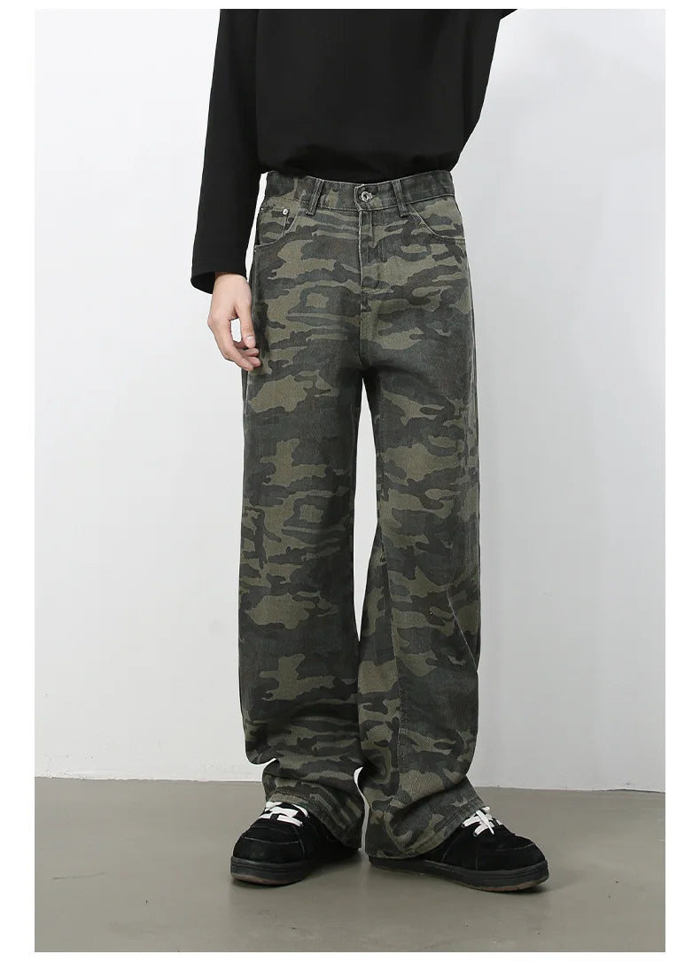 PFNW American 2025 New Tide Camouflage Jeans Men's Ins Loose Straight Wide Leg Casual Denim Pants Loose Male Trousers 12C2036