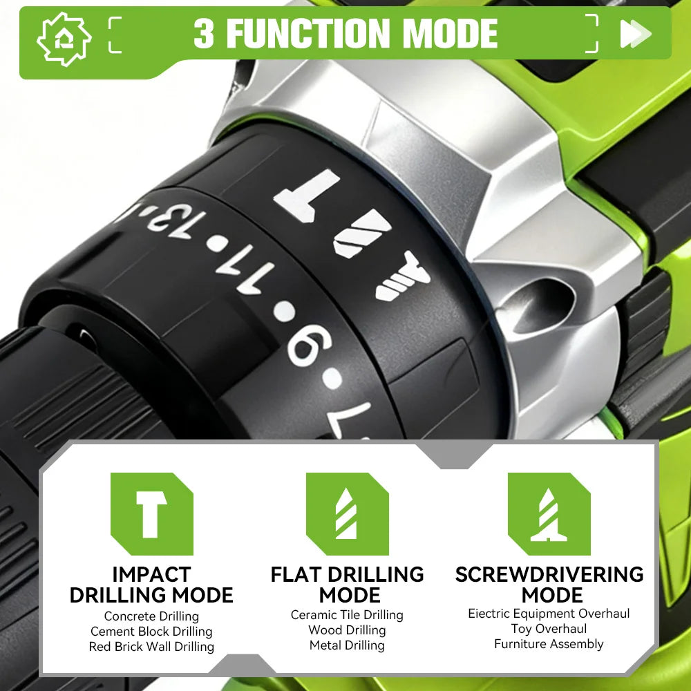 ONEGREEN 25+3 Torque Electric Impact Drill 3 Mode Adjustable Cordless Electric Screwdriver Power Tool For Makita 21V Battery Pin