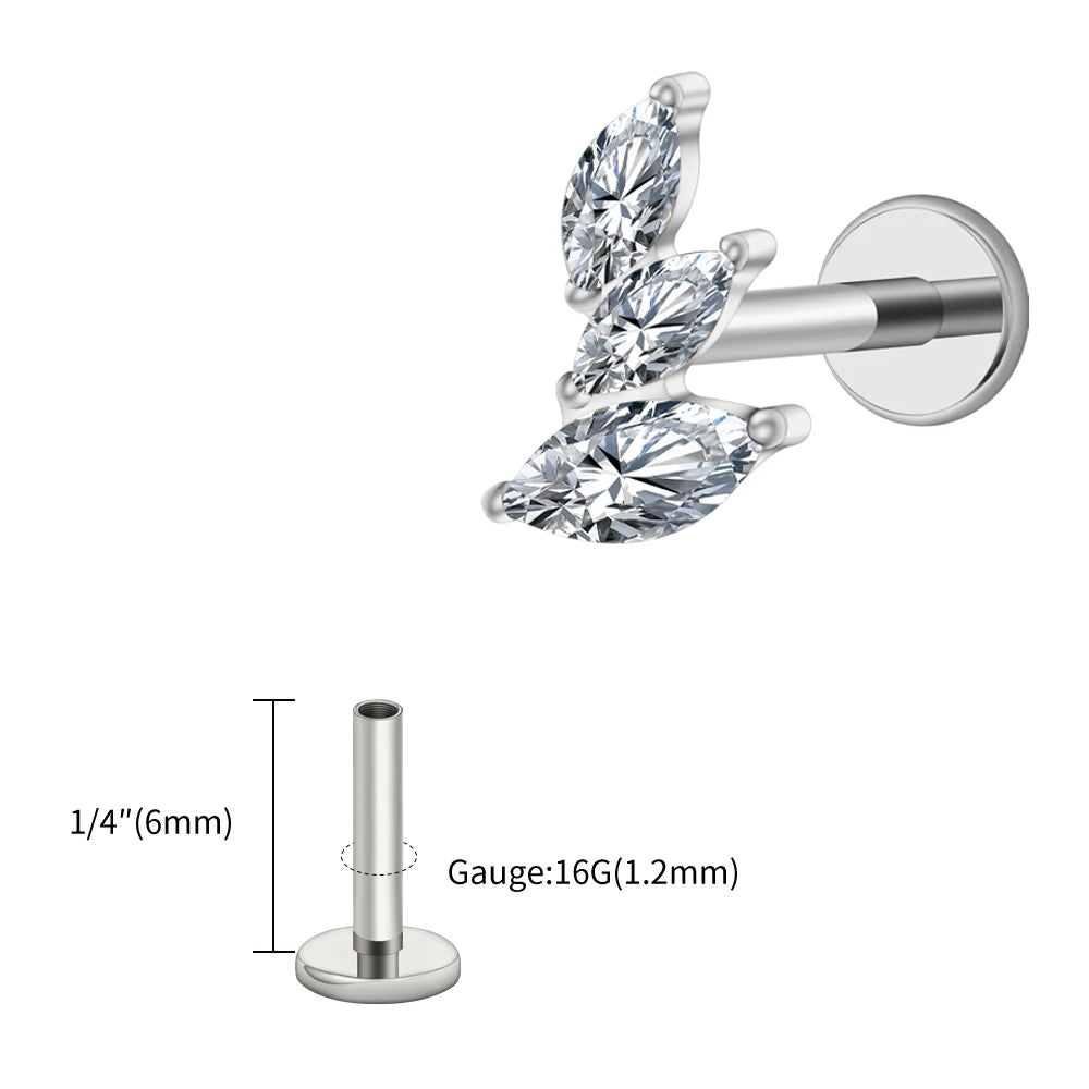 Right Grand ASTM F136 Titanium 16G Cluster Marquise CZ Tragus Helix Stud Conch Lobe Rook Cartilage Leaf Climber Flat Back Labret