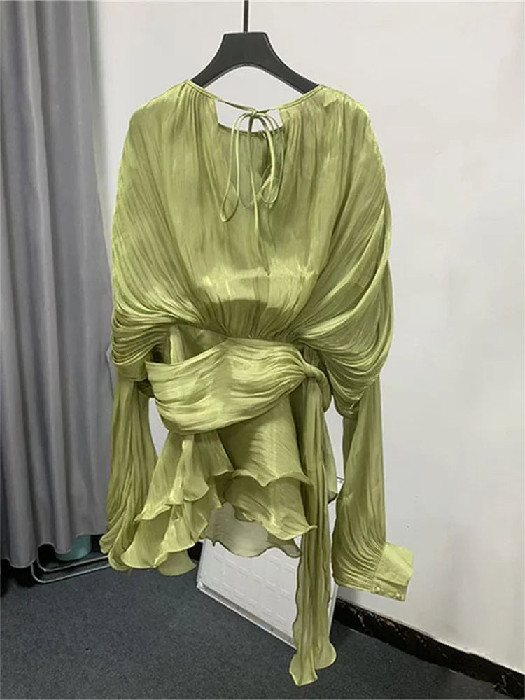 TARUXY Elegant Pleated Mini Dress For Women Lace Up Shiny Long Sleeve Dress Evening Party Outfits High Waist Female Slim Dress