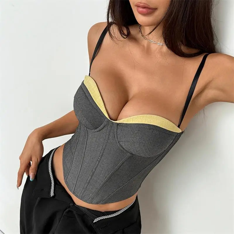 Women Solid Deep-V Satin Camisole Corset Top Elegant Double-Strap Fitted Cropped Back-Tie 2025 Chic Versatile Date Lady Tops