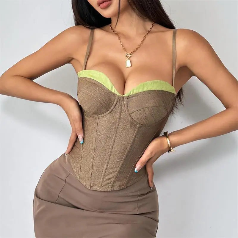 Women Solid Deep-V Satin Camisole Corset Top Elegant Double-Strap Fitted Cropped Back-Tie 2025 Chic Versatile Date Lady Tops