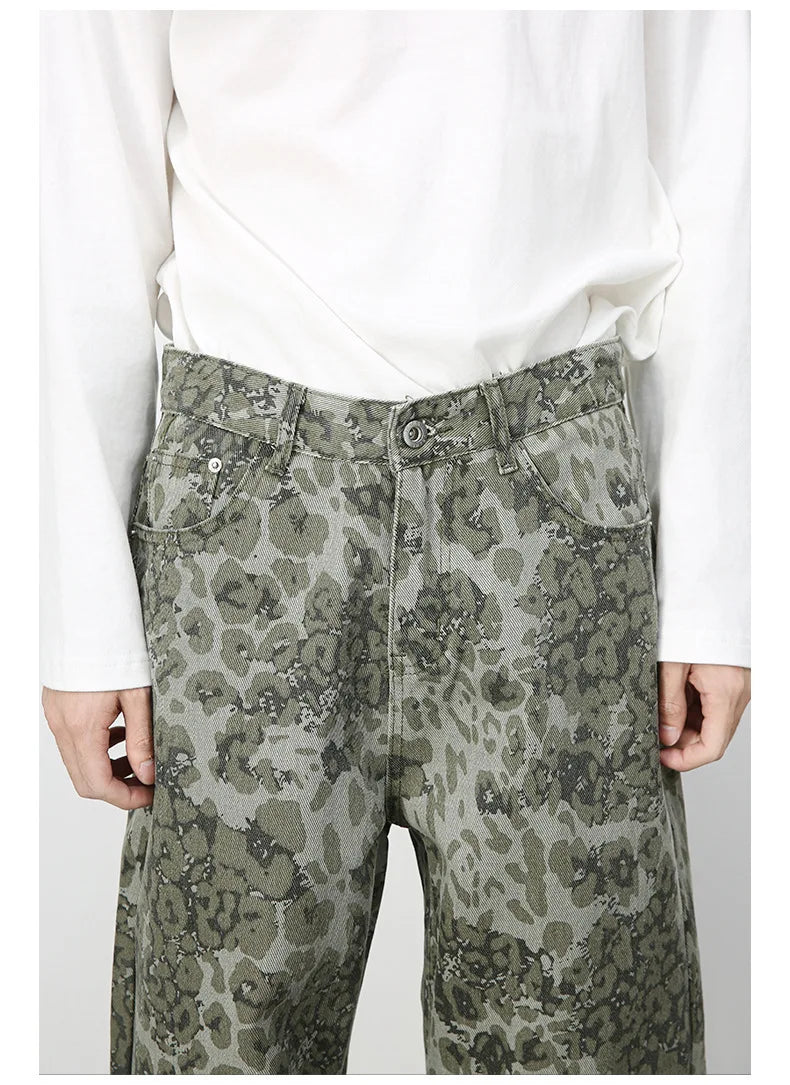 PFNW American 2025 New Tide Camouflage Jeans Men's Ins Loose Straight Wide Leg Casual Denim Pants Loose Male Trousers 12C2036