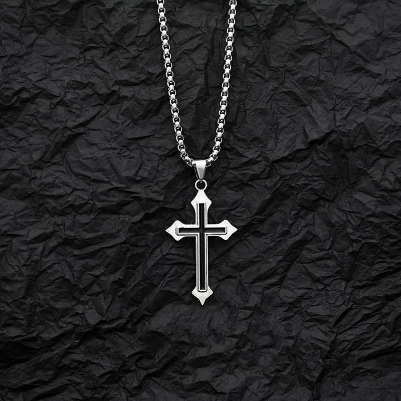 Vintage Gothic Hollow Cross Pendant Necklace Silver Color Cool Street Style For Men Women Gift Wholesale Neck Jewelry