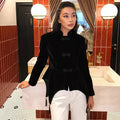 Black Velvet Tassel Jacket Knot Button Asymmetric Hem Long Sleeve Slim Fit Elegant Daily Commute Streetwear Fashion Outerwear