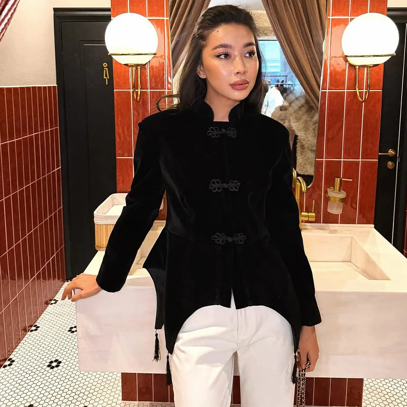 Black Velvet Tassel Jacket Knot Button Asymmetric Hem Long Sleeve Slim Fit Elegant Daily Commute Streetwear Fashion Outerwear