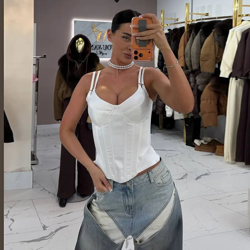Women Solid Deep-V Satin Camisole Corset Top Elegant Double-Strap Fitted Cropped Back-Tie 2025 Chic Versatile Date Lady Tops
