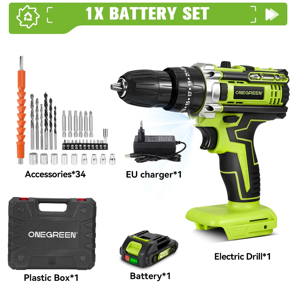 ONEGREEN 25+3 Torque Electric Impact Drill 3 Mode Adjustable Cordless Electric Screwdriver Power Tool For Makita 21V Battery Pin