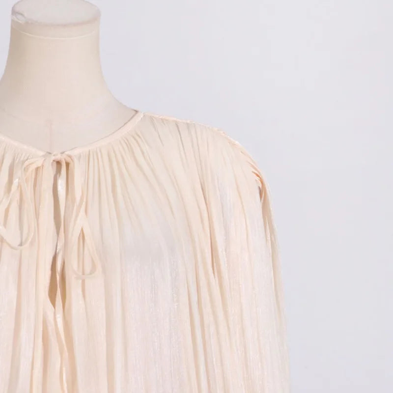 TARUXY Elegant Pleated Mini Dress For Women Lace Up Shiny Long Sleeve Dress Evening Party Outfits High Waist Female Slim Dress