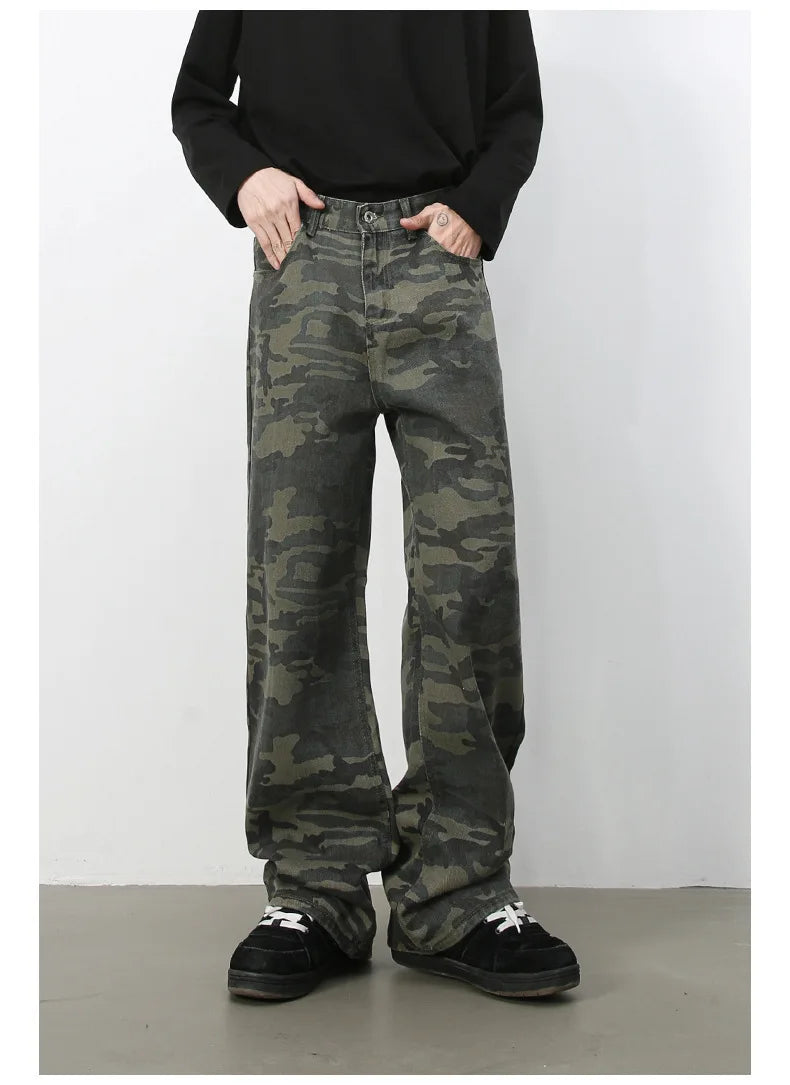 PFNW American 2025 New Tide Camouflage Jeans Men's Ins Loose Straight Wide Leg Casual Denim Pants Loose Male Trousers 12C2036