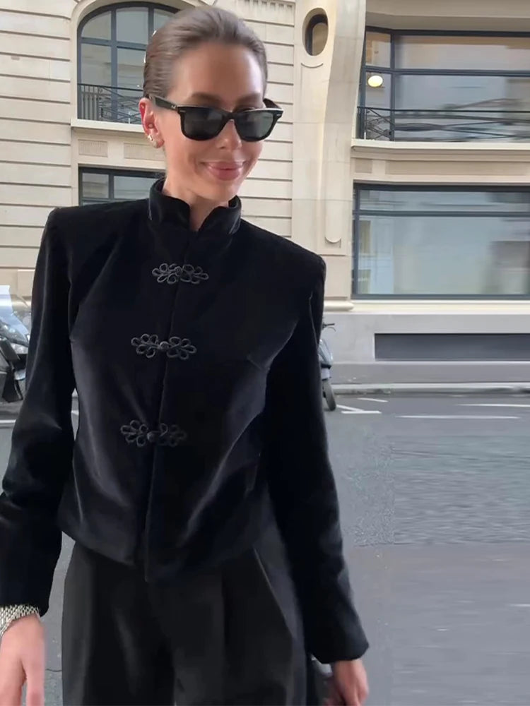 Black Velvet Tassel Jacket Knot Button Asymmetric Hem Long Sleeve Slim Fit Elegant Daily Commute Streetwear Fashion Outerwear