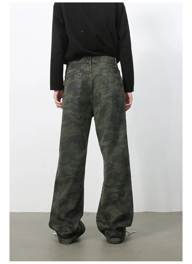 PFNW American 2025 New Tide Camouflage Jeans Men's Ins Loose Straight Wide Leg Casual Denim Pants Loose Male Trousers 12C2036