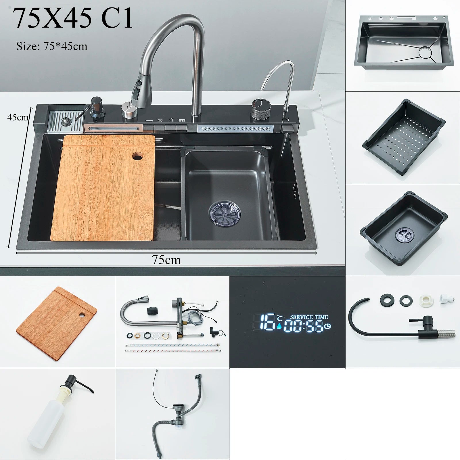 Shinesia Stainless Steel Kitchen Waterfall Sink Digital Display Large Single Sink Dish Basin Sink With Multifunction